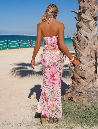 Image of ZAFUL Women 3 Piece Bikini with Cover Up Skirt Halter Bandeau Swimsuit Floral Tie Side Cheeky Bathing Suit