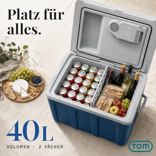 Foto von TOM 2in1 XXL Kühlbox 40l mit Kühl- und Heizfunktion – elektrische Coolbox mit Rollen – 230V & 12V Strom Anschluss – Elektrisch – für Auto, Camping, Wohnwagen & Co – Plus Geschenk (Blau)