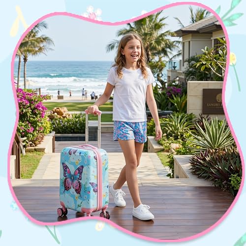 Image of Kids Luggage Sets 2 Piece Rolling Suitcases with Wheels for Girls Hardshell Toddler Suitcase Set with Neck Pillow Airplane 16 Inch Kids' Carry on Luggage Blue Butterfly