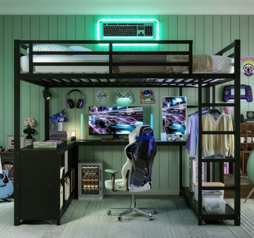 Image of Bellemave Queen Size loft Bed with L Desk and Wardrobe, Metal Queen Size Loft Bed Frame for Adults, Kids, Teens, Black