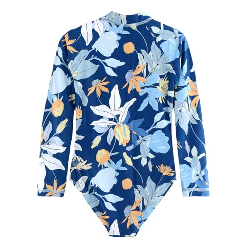 Image of Kids Girls Rash Guard Long Sleeve One Piece Swimsuits Zipper Bathing Suits UPF 50+ Tropical Plant Flowers Ages 3-12