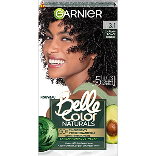 Garnier - Tinte permanente para el cabello sin amoníaco - Ingrediente de origen 90 % natural - Fórmula vegana - Belle Color Naturals - Color: marrón ceniza oscuro (3.1)