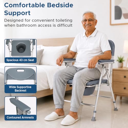 Image of KosmoCare Deluxe Commode Chair - Heavy Duty | Height Adjustable Commode Chair with Aluminium Frame | Toilet Chair with Pot and Lid | Lightweight bedside Commode Chair for Adults, Elderly, & Handicap