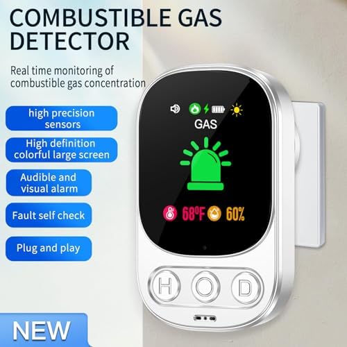 Gaswarnmelder HD05-B-0904 für Haus mit Stecker, Erdgas Warnsystem für Zuhause, Wiederaufladbare Batterie, Weiß