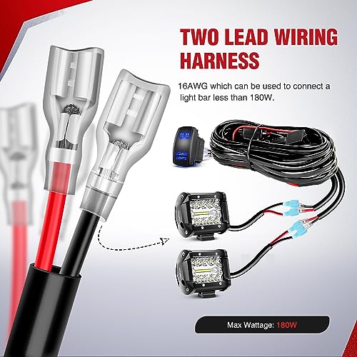Image of Nilight 16AWG 2Leads Light Bar Wiring Harness Kit 5Pin Switch 12V | 16AWG 2-lead wiring harness kit with 5-pin laser rocker switch, relay & fuse. Perfect for LED pod lights & light bars