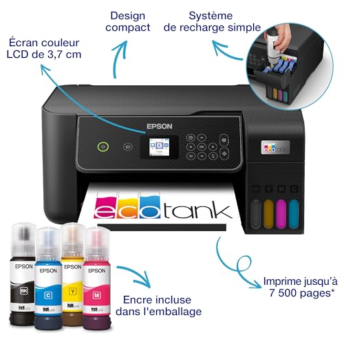 EPSON EcoTank Imprimante sans Fil ET-2870 | Réservoirs d'encre Haute capacité - Économisez jusqu'à 90% sur Les coûts d'encre - Impression Mobile, Copie, numérisation - 3 Ans d'encre Inclus