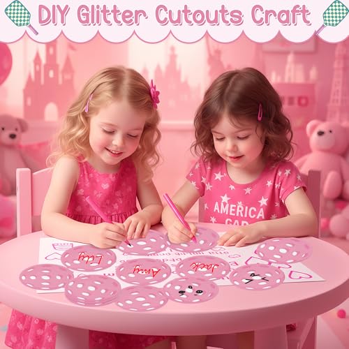 Image of Glitter Pickleball Cutouts - 100Pcs Pink Sport Ball Bulletin DIY Paper Cuts Party Decoration Pickleball Shaped Glitter Paper Cutouts for Girls Player Sport Party Supplies Birthday Classroom Wall Decor