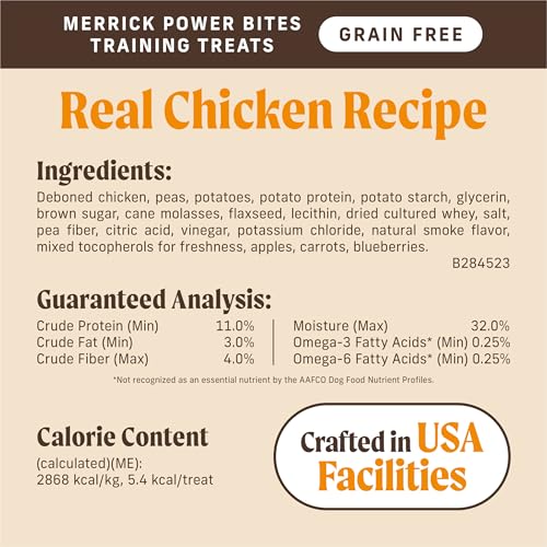 Image of Merrick Power Bites Chicken Recipe Soft Dog Treats, Grain-Free Dog Snack with Real Chicken, 6 oz Bag