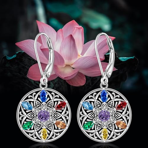 Mandala Chakra Earrings for Women Sterling Silver Lotus Flower Earrings Dangle Drop Leverback 7 Chakra Gifts Om Symbol Yoga Jewelry3