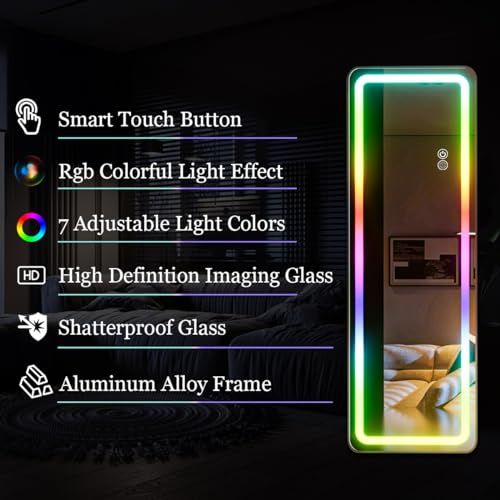 Image of Koonmi Full Length Mirror with LED Lights, 60 inchx16 inch Lighted Mirror with Remote Control, RGB Color Changing Lights, 7 Dynamic Modes, Dimmable Brightness