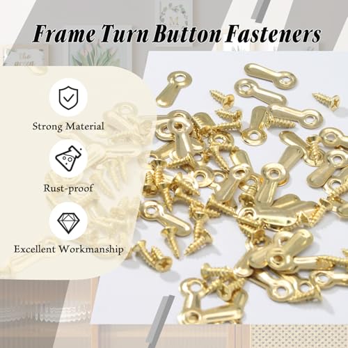 Image of Bonsicoky 100 Pack Metal Picture Frames Turn Button Fasteners with 100 Pieces Screws - Frame Picture Hardware Backing Clips for Hanging Pictures, Photos - Gold