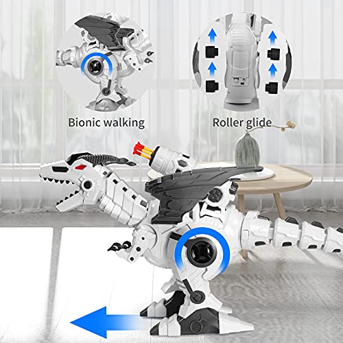 Multifunctional R/C Robotic Dinosaur with Mist Spray and Soft Bullets Shooting, Interactive Electronic Fire Breathing Dragon with Programming, Intelligent Walking T-rex Toy Gift for Kids (White) - Thumbnail 5
