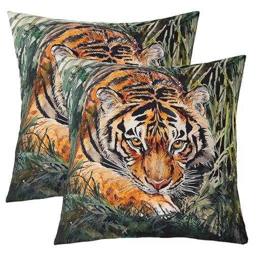Image of Homemissing Tiger Reversible Throw Pillow Covers 45x45cm Wild Animal Pillow Covers Home Decor Wildlife Square Cushion Covers Set of 2 Safari Cat Print Throw Pillowcases for Sofa Couch Chair Auburn