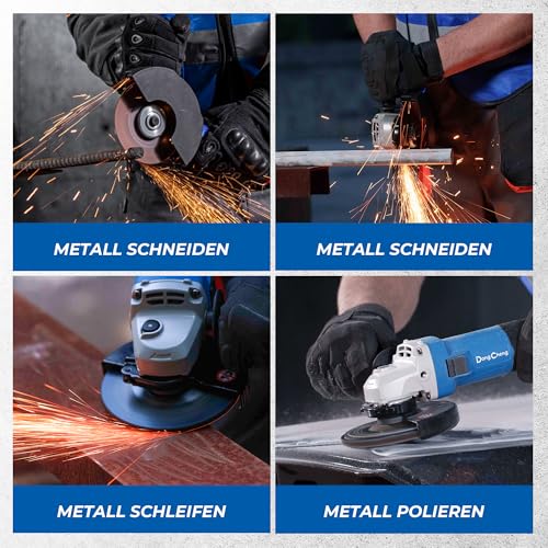 DongCheng Winkelschleifer 800W, Scheiben-Ø: 125 mm, 11,800min-1,Schnellverschlussabdeckung, Zusatzgriff, inkl. 2 Schleif-, 2 Fächer- und 2 Trennscheiben für Polieren, Schleifen und Schneiden
