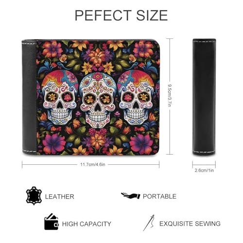 Men's Leather Wallet Bifold Wallet for Men Colorful Flower Skulls Slim Wallet with Multiple Card Classic Passcase Mens Card Holder2