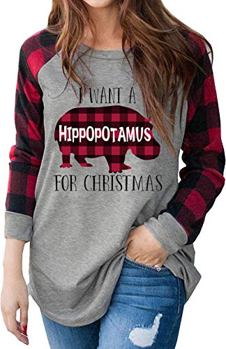 I Want A Hippopotamus for Christmas Shirts Women's Plaid Graphics Raglan Long Sleeve T-Shirt Tees Tops (Plaid, Medium)