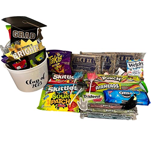 Class Of 2023 Graduation Gift Basket Snack Bundle With Butter Flavored Microwave Popcorn, Sweet & Sour Candy, Gum, Keychain, Ink Pen, Headband Grad Boppers Deluxe Giftset #TOP3