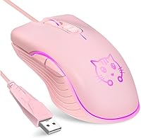Vista 1 de CORN Ratón USB con cable para juegos, 2400 DPI, 4 niveles ajustables, mouse ergonómico para PC/computadora de escritorio/portátil, gato rosa