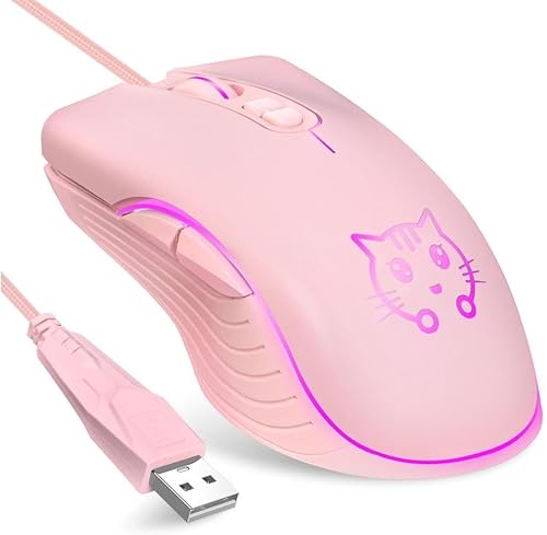 CORN Ratón USB con cable para juegos, 2400 DPI, 4 niveles ajustables, mouse ergonómico para PC/computadora de escritorio/portátil, gato rosa