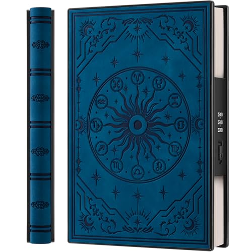 A5 Tagebuch mit Zahlenschloss und 180° Liegeflach, aus weichem PU-Leder mit geprägtem Sternzeichen-Design – Ideal für Erwachsene, Frauen, Männer und Teenager, für mehr Privatsphäre – Pfauenblau