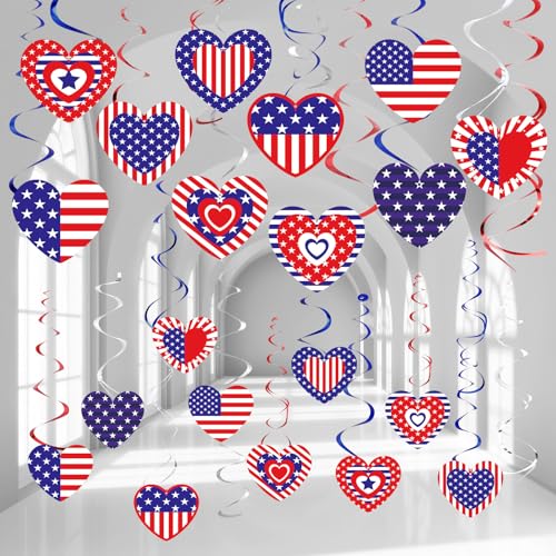 Image of Marspark 50 Pack Patriotic Foil Hanging Swirl 4th of July Office Decoration Red White and Blue Decor American Flag Star Ceiling Hanging Decor for 250th Aniversary Independence Day Home(Heart Style)