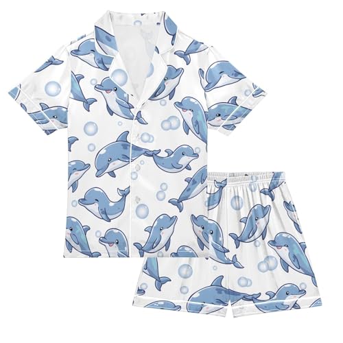 ALAZA Blue Dolphin Bubble Satin Pajamas Set Short Sleeve Button Down Sleepwear Summer Pjs 2 Piece