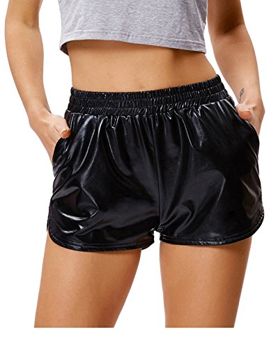 Womens Yoga Hot Shorts Shiny Metallic Pants Casual Black, Size XL