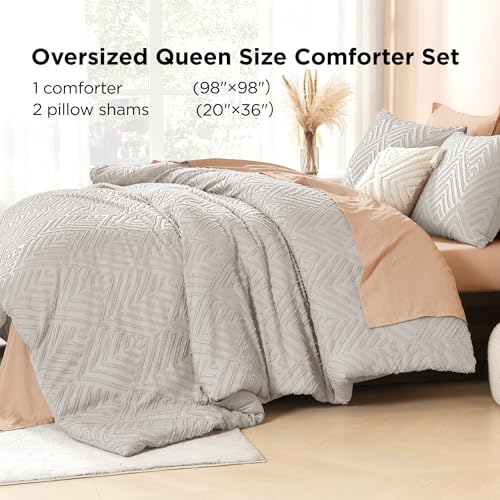 Image of Litanika Oversized Queen Comforter Linen Grey, 3 Pieces Tufted Boho Farmhouse Bedding Comforter Set, Lightweight Fluffy All Season Comforter Set (98x98In Comforter & 2 Pillowcases)