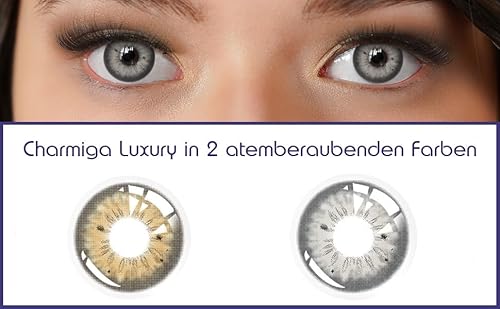 Kontaktlinsen farbig ohne Stärke grau | farbige graue Jahreslinsen | weiche Linsen | 2 Stück Farblinsen + Linsenbehälter | 0.0 Dioptrien | natürliche Farben | Charmiga Luxury Gray