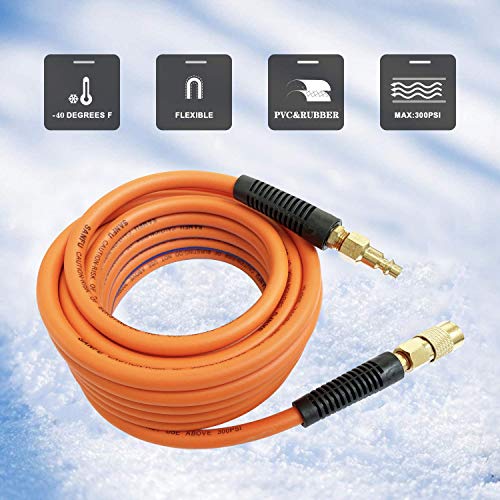 SANFU Hybrid Air Hose 1/4-Inch x 25ft 300 PSI Heavy Duty, Lightweight, Kink Resistant, All-Weather Flexibility with Brass Quick Coupler and Plug, Bend Restrictors, Orange(25\')