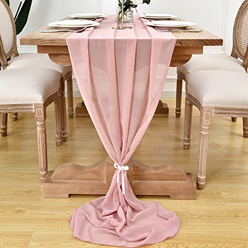 DOLOPL 2 Pack Dusty Rose Chiffon Table Runner 10ft Sheer Wedding Table Runner 29x120 Inches Romantic Tulle Table Runner for Wedding Decor Birthday Party Bridal Baby Shower Table Decoration
