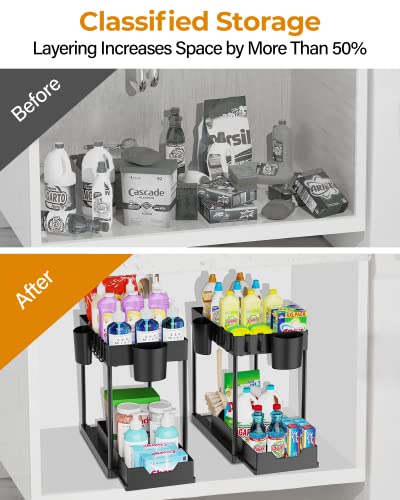 Stackable Under Sink Organizers And Storage - Dileasir Upgraded 12In Heightened Sticks 2 Tier Under Sink Organizer With 2 Hanging Cups, 8 Dust Plugs, 8 Hooks, Multi-Function Storage, Black, 2 Pack #TOP4