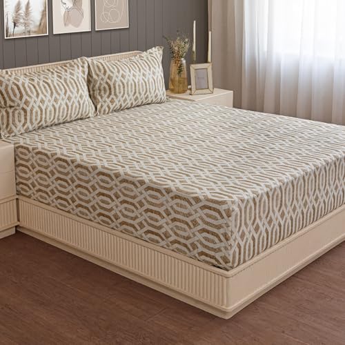 Image of Swayam Roto Cotton King Bedsheet with 2 Pillow Covers | Size 108 x 108 inch | 144 TC | Geometric Design | Soft Breathable Bed Sheet | Comfortable & Durable for Bedroom - Light Brown