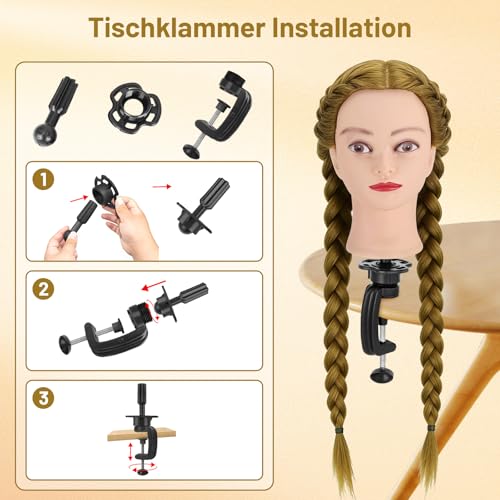 Übungskopf, TwoWin 80% Echthaar Friseurkosmetik Mannequin Kopf mit Klammerständer und Geschenken - Gold