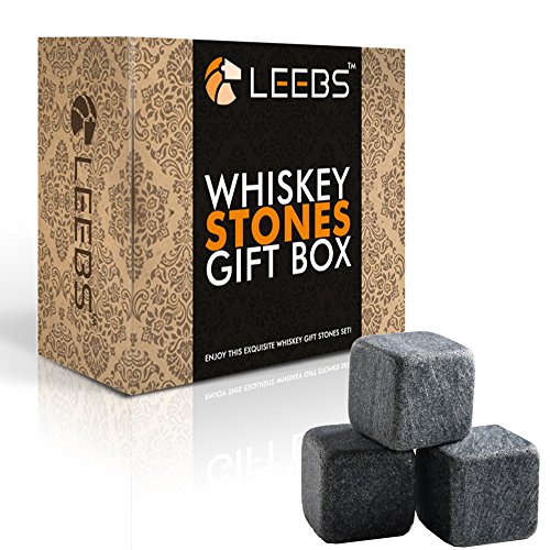 Leebs Premium Whiskey Stones Gift Set - 2 Large Whiskey Glasses, 8 Granite Scotch Chilling Rocks, Tongs, Velvet Pouch In Elegant Wooden Gift Box Packaging #TOP5