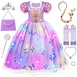 Meland Prinzessin Kostüm Mädchen, Lila Prinzessin Kleid mit Perücke, Krone für 3-10 Jahren Mädchen, Kostüme für Kinder zu Faschings, Halloween, Geburtstag(S)