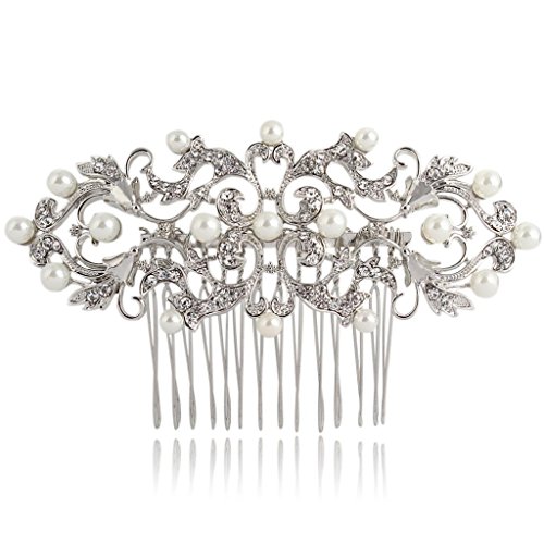 EVER FAITH Wedding Royal Pattern Simulated Pearl Hair Comb Clear Austrian Crystal