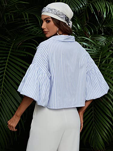 Verdusa Women's Striped Puff Sleeve Crop Blouse Tops Drop Shoulder Button Up Shirts Concert Festival Outfits2