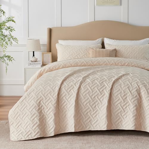 Image of beeweed Quilt Set King Size 3 Pieces, Lightweight Microfiber Basket Pattern Bedspreads for All Season, Beige Soft Summer Coverlet Set with 2 Pillow Shams (King 240x260 CM)