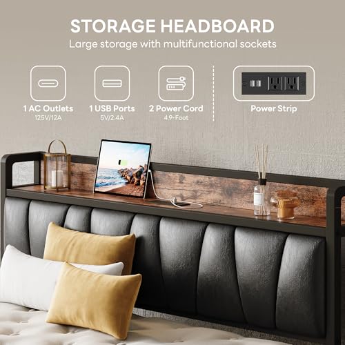 LIKIMIO Full XL Bed Frame, Storage Headboard with Charging Station, Solid and Stable, Noise Free, No Box Spring Needed, Easy Assembly(Vintage and Black)