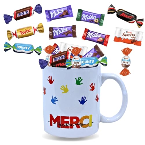 Tasse garnie d'un assortiment de 20 bonbons au chocolat MILKA, KINDER, CELEBRATIONS | Cadeau de fin d'année pour les maîtresses, maîtres, ATSEM, nounous