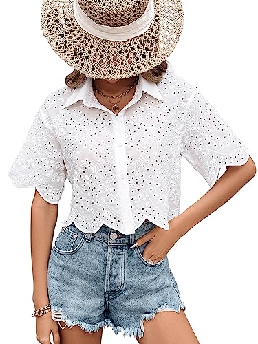 SweatyRocks Women's Short Sleeve Button Down Eyelet Crochet Shirt Asymmetrical Hem Crop Top Blouse