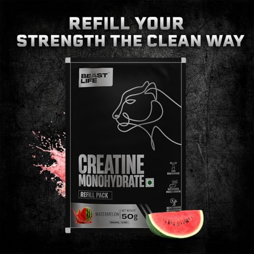 Image of BEASTLIFE Super Micronized Creatine Monohydrate Powder 50g Refill Pack| 13 Servings Watermelon Flavor | NABL Lab Tested | Premium Sports Nutrition for Strength & Performance