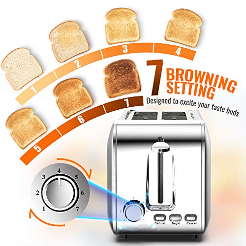 Toaster 2 Slice Stainless 2 Slice Toaster Best Rated Prime Wide Slot Toaster with Removable Crumb Tray 7 Bread Shade Settings, Bagel, Defrost, Cancel Function