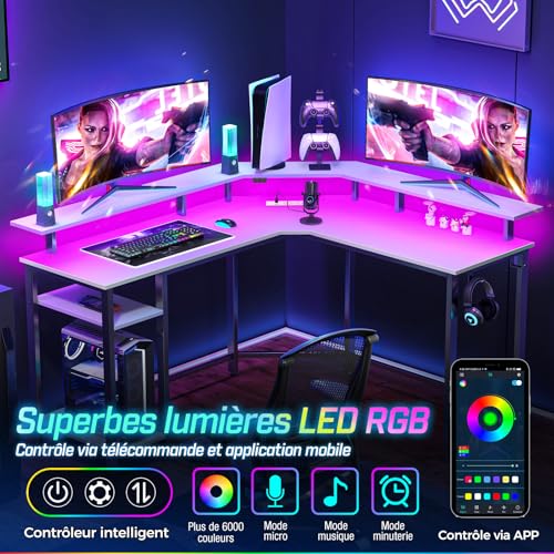 Bureau gaming d'angle blanc réversible de 135 cm avec éclairage LED immersif - 5