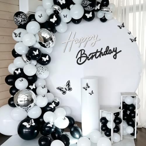 Image of TONIFUL Happy Birthday Sign for Backdrop - Glitter Black Silver Felt Banner - Includes Dot Glue - Perfect for Birthday Party Backdrop,Wall Decr,Balloon Arch,Photo Background