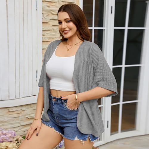 VENTROLLO Women Plus Size Crochet Cardigan Short Sleeve Lightweight Cover Up Open Front Knitted Summer Cardigans(Grey, 4XL) — view 3
