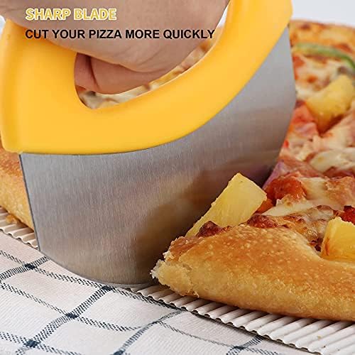 Pizza Cutter Food Chopper Sharp Blade Stainless Steel Pizza Cutter Rocker Slicer with Protective Sheath Multi Function Pizza Knife Kitchen Tools (Yellow)