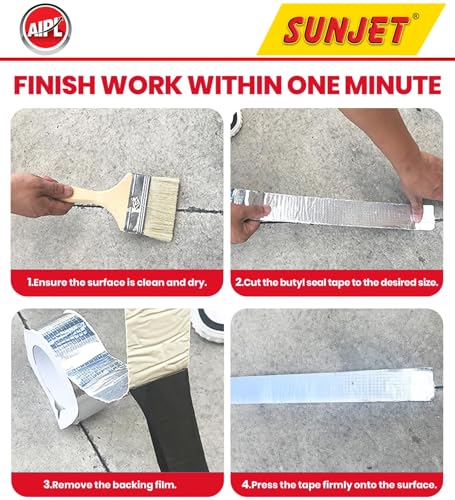 Image of AIPL Sunjet Butyl Tape Waterproof Tape, 50MM x 5 Meter, Aluminum Foil Tape Butyl Sealant Tape for RV Repair, Window, Silicone, Boat and Pipe Sealing, Glass & EDPM Rubber Roof Patching, Silver.