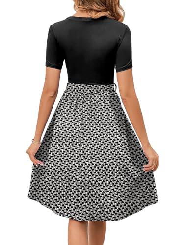 Image of Women's Elegant Vintage Round Neck Short Sleeve Summer Casual Work Party A-Line Dress with Belt 809